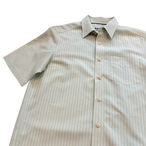 Indigo Palms Mens Medium Button Down Shirt Cream Stripe Short Sleeve